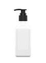 White plastic bottle, square shape, black pump cap, 200ml