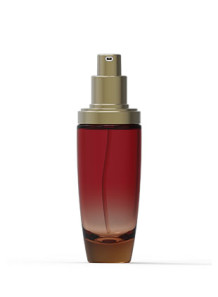 Red glass bottle, gold pump...