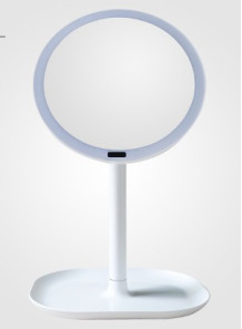 Round makeup mirror, LED, non-magnifying, automatic lights.