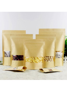 Paper bag with clear compartment, zipper, stand-up bottom, 16x22+4cm