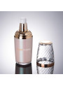 Pearl pink acrylic pump bottle, white pump cap, gold neck, 50ml