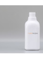 White plastic bottle, square shape, white pump cap, matte silver neck, 200ml