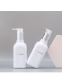 White plastic bottle, square shape, white pump cap, matte silver neck, 200ml