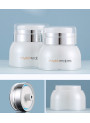 Pearl white cream container, white pump cap, silver neck, clear cover, 30g